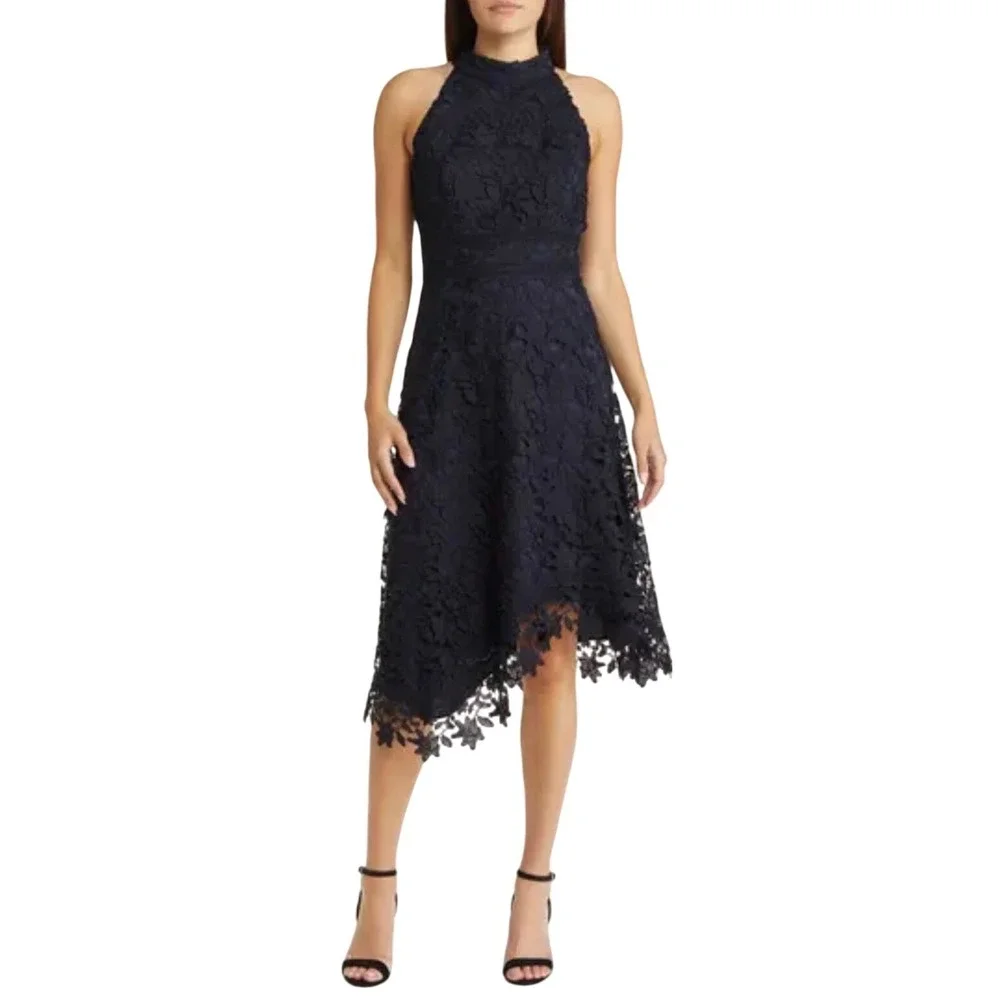 New Eliza‎ J Women Asymmetric Hem Mock Neck Lace Dress size 18 Navy Cocktail - Picture 2 of 16